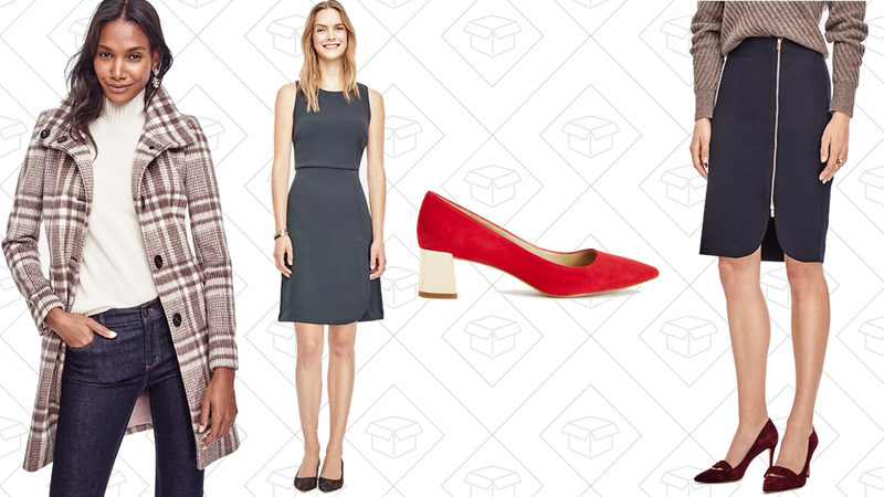 Brushed Plaid Coat, $139 | Faux Wrap Dress, $70 | Bette Suede Metal Heel Pumps, $64 | Side Zip Pencil Skirt, $49